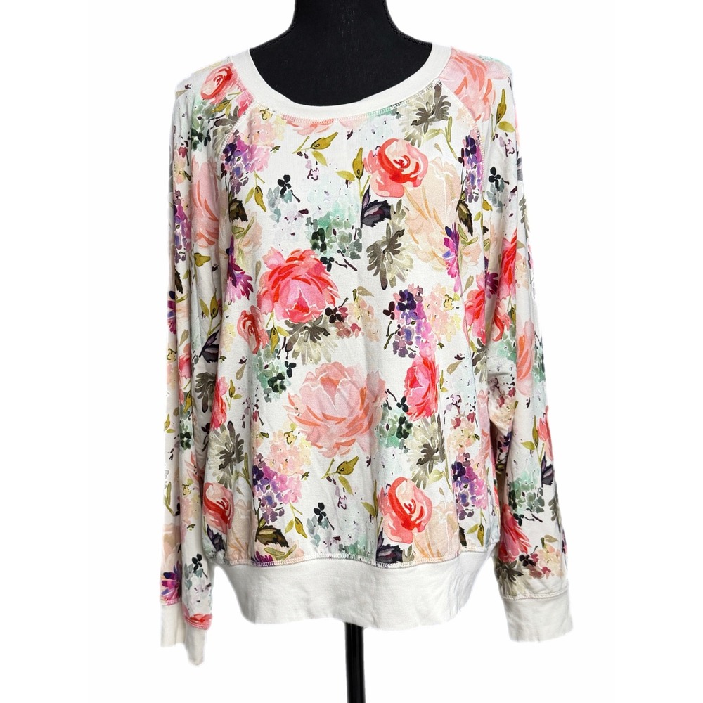Mia & Tess Womens Floral Sweatshirt Medium Pink White Rose French Terry Pullover
